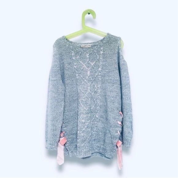 Gray Satin Flowers Grey Sweater with Pink Ribbons. Size 12. - Picture 1 of 6